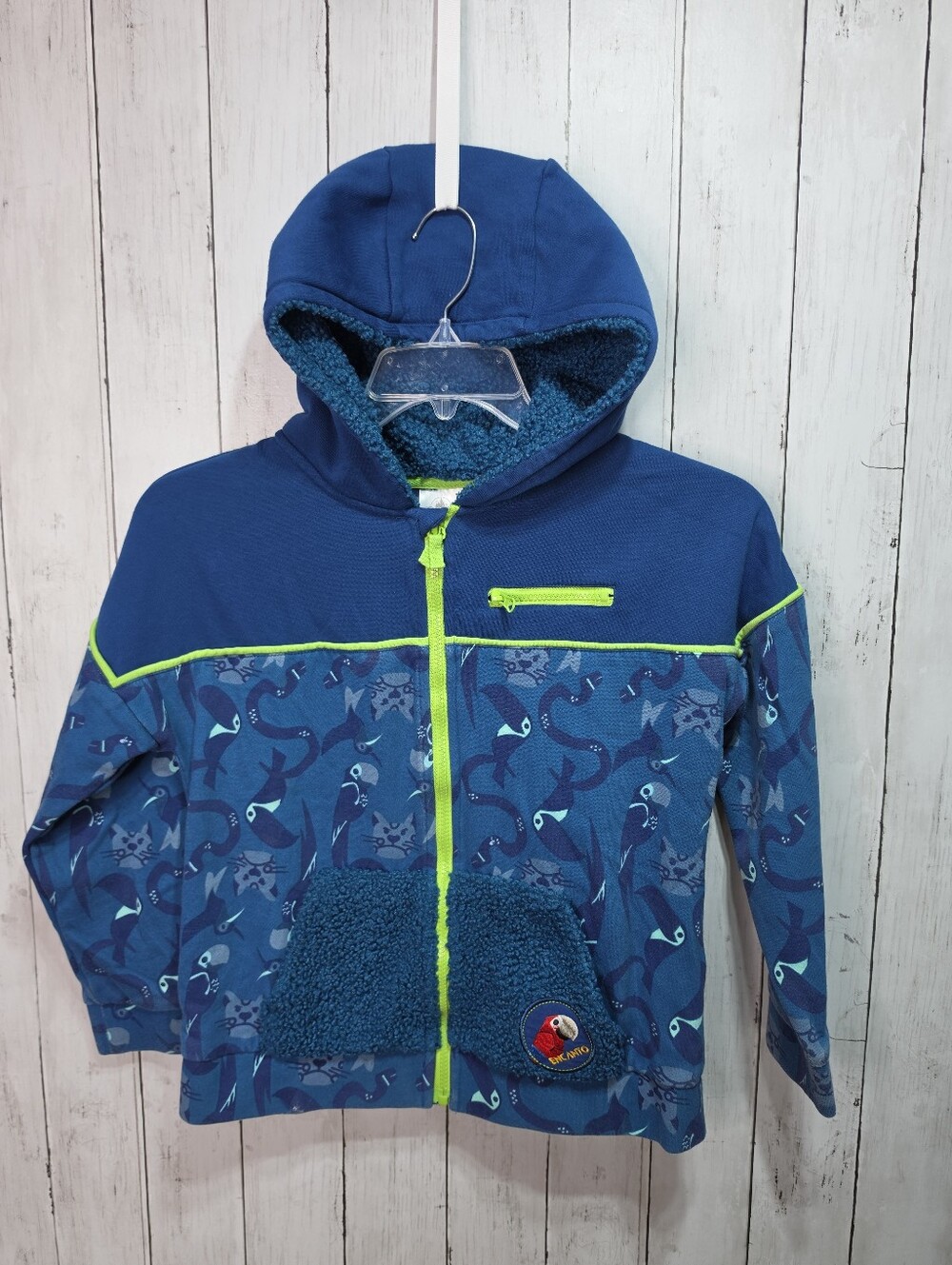 Disney Encanto Full Zip Hooded Jacket Kids Size 9/10 Blue Fuzzy Sherpa Pockets.